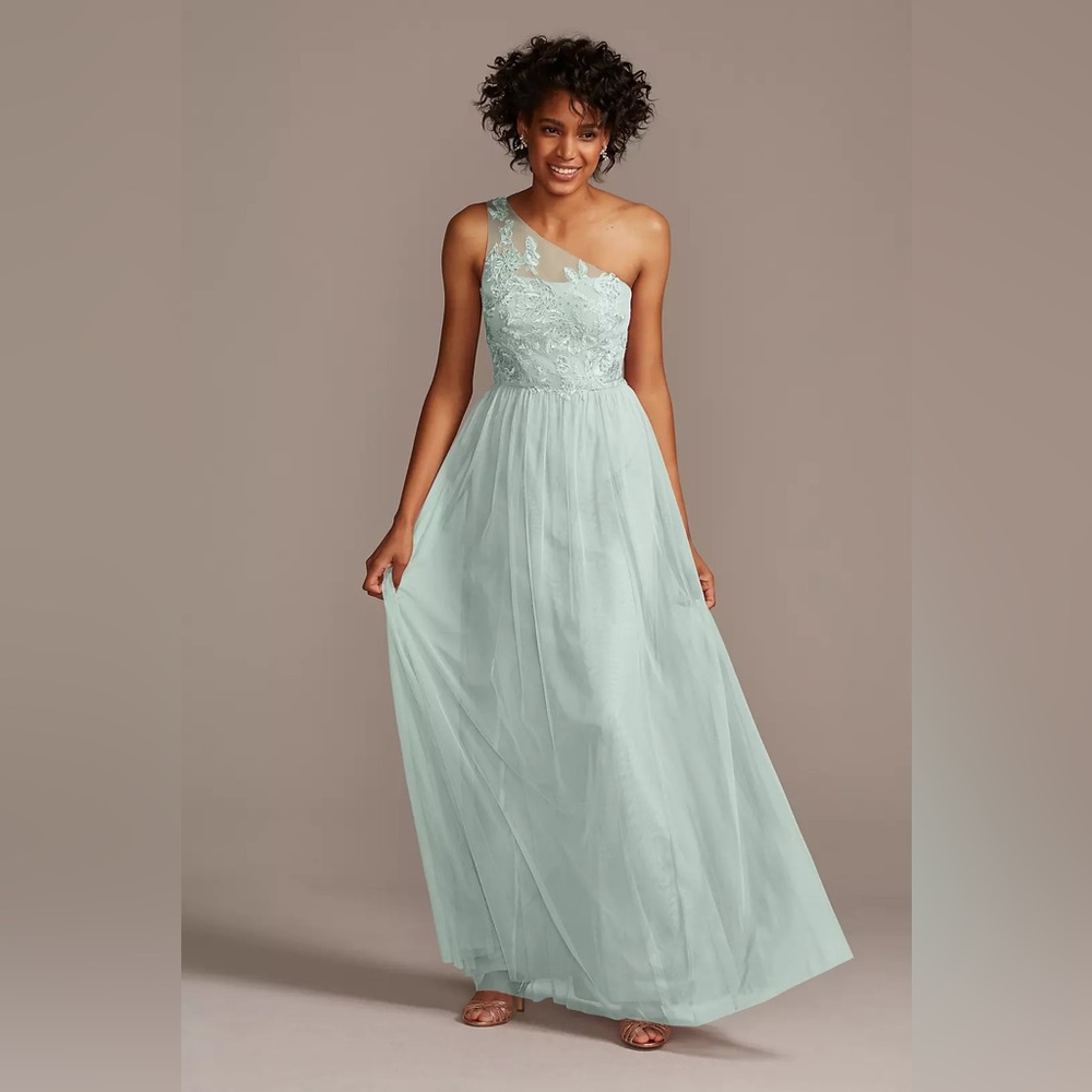 One-Shoulder Embroidered Soft Net Bridesmaid Dress in Dusty Sage. David’s Bridal